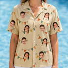 Model wearing Women's Candle Confetti Custom Face Hawaiian Shirt printed with kids' faces
