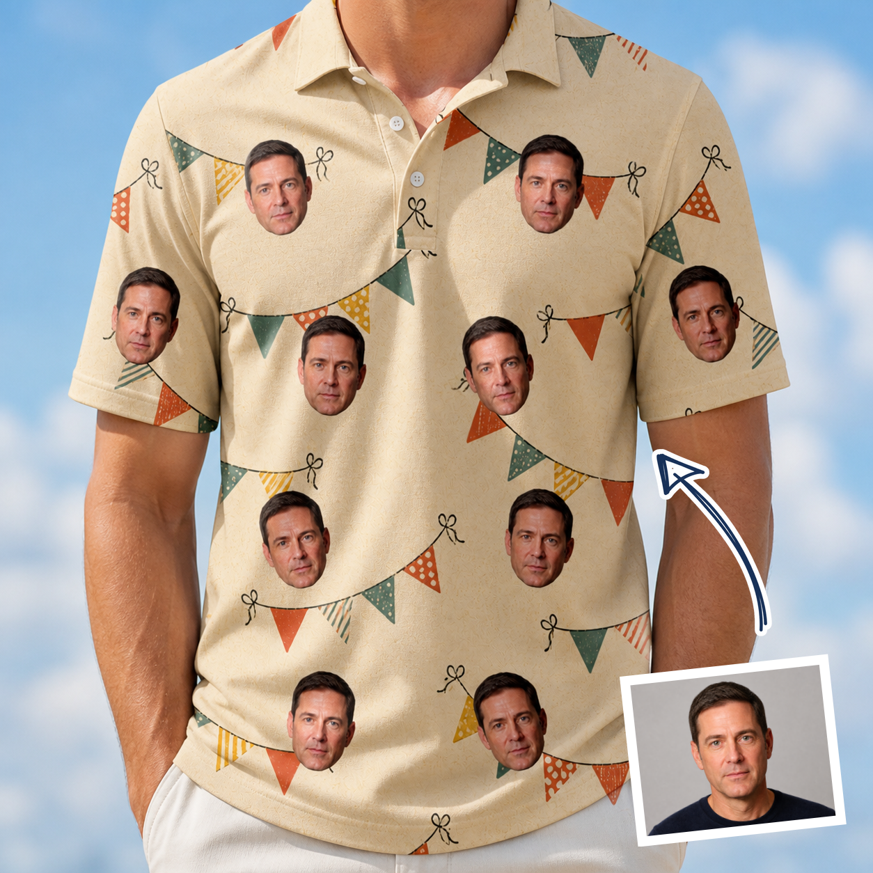 Man wearing Men's Candle Confetti Custom Face Polo Shirt — custom faces printed all-over