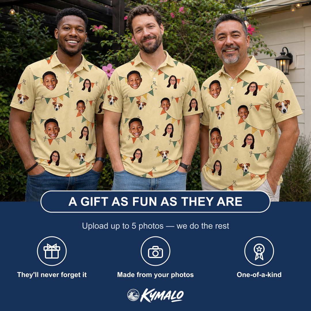 Friends in matching Men's Candle Confetti Custom Face Polo Shirt — a group gift photo