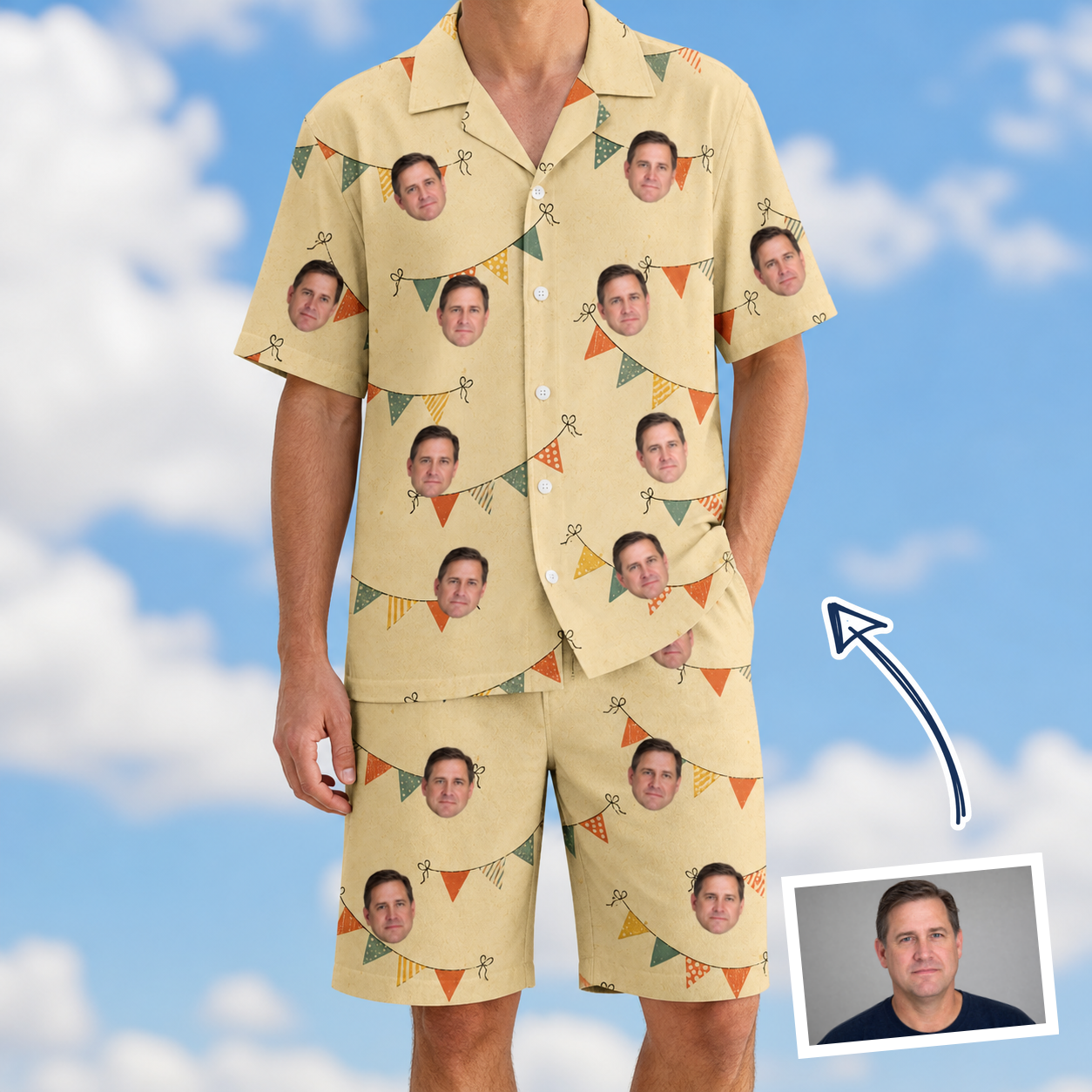 Man wearing Men's Candle Confetti Custom Face Shirt & Shorts Set — custom faces printed all-over