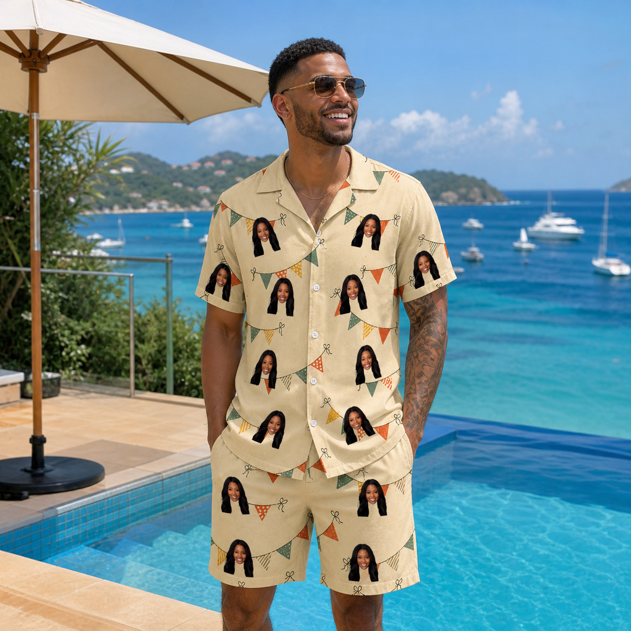 Real-life photo of someone wearing Men's Candle Confetti Custom Face Shirt & Shorts Set — custom faces printed all-over