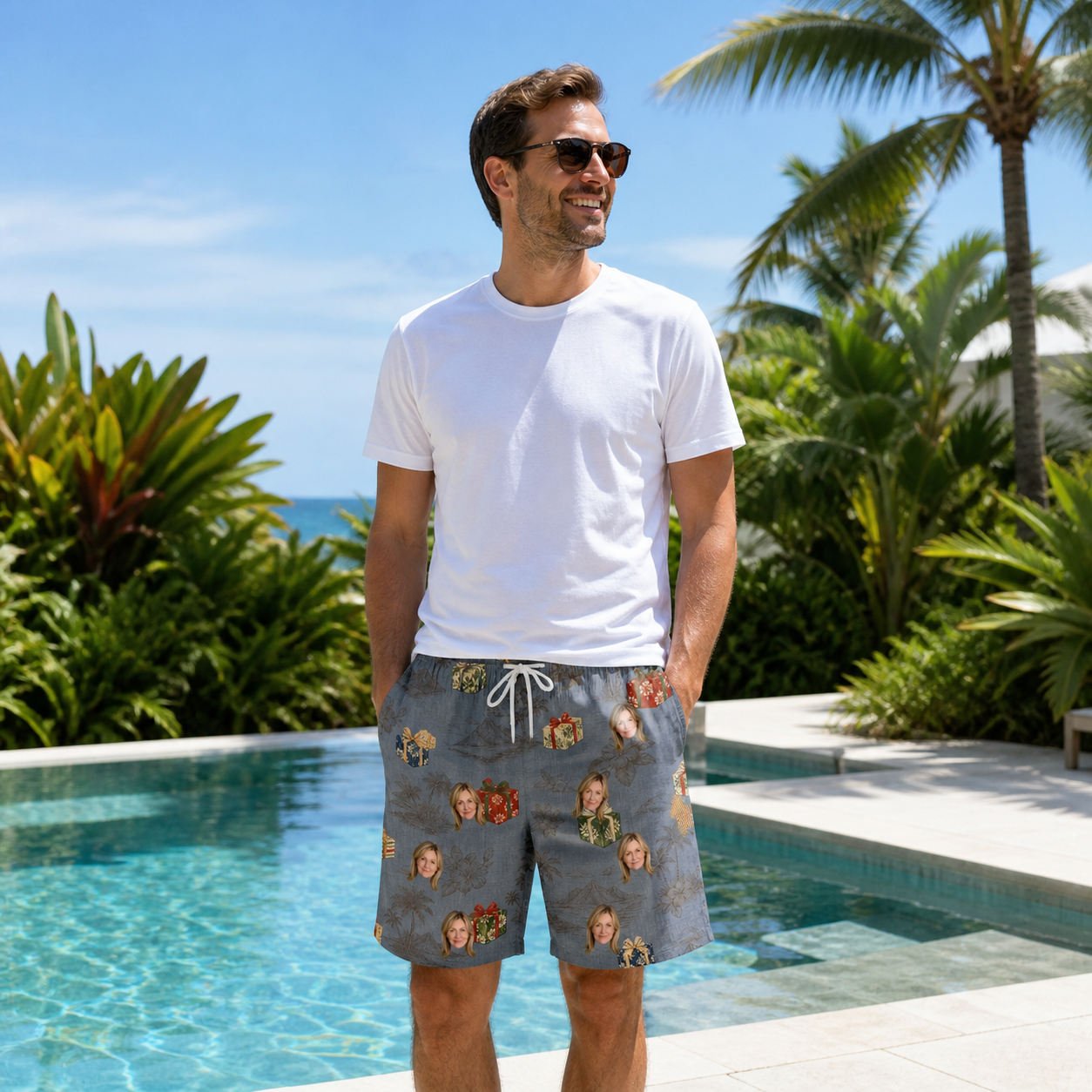 Real-life photo of someone wearing Men's Present Party Custom Face Beach Shorts — custom faces printed all-over