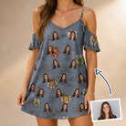 Woman wearing Women's Present Party Custom Face Off-Shoulder Dress — custom faces printed all-over