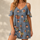 Model wearing Women's Present Party Custom Face Off-Shoulder Dress printed with kids' faces