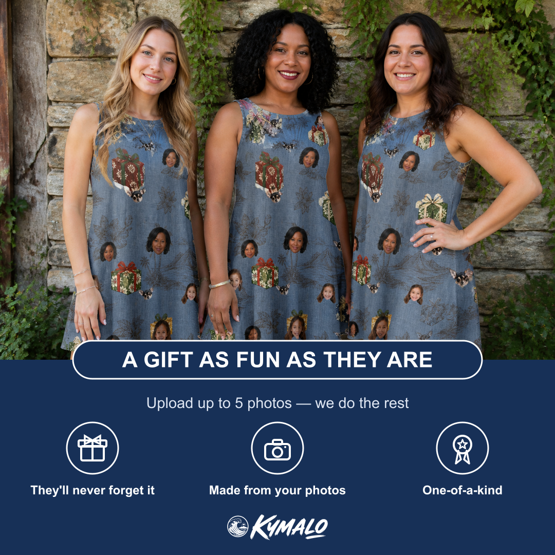 Friends in matching Women's Present Party Custom Face Tank Dress — a group gift photo