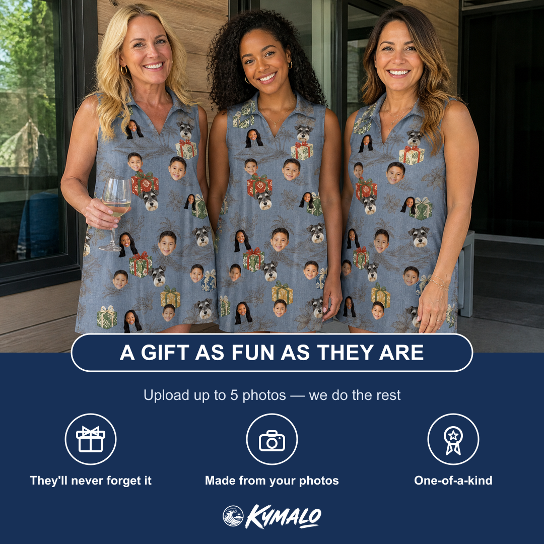 Friends in matching Women's Present Party Custom Face V-Neck Dress — a group gift photo