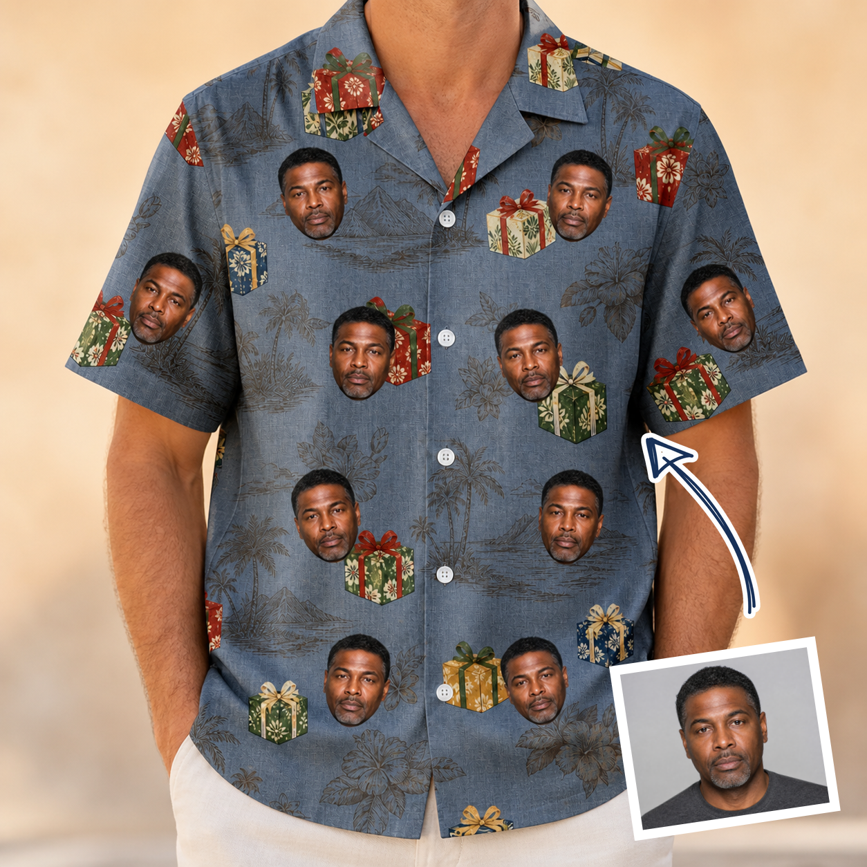 Man wearing Men's Present Party Custom Face Hawaiian Shirt — custom faces printed all-over