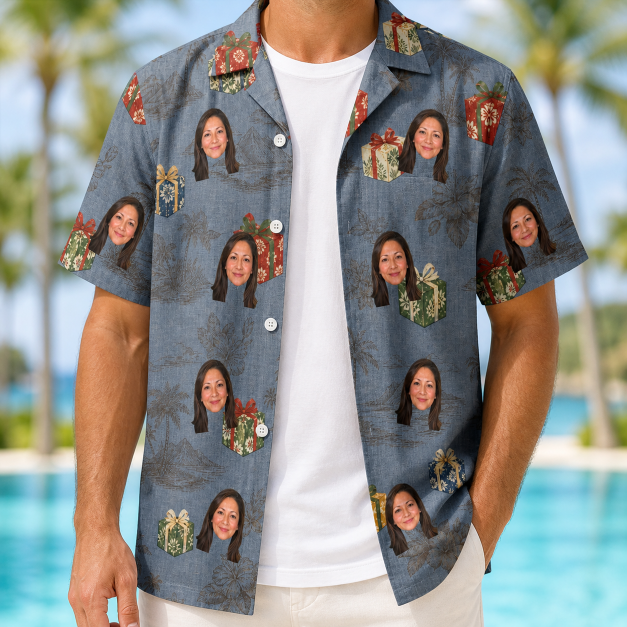 Man wearing Men's Present Party Custom Face Hawaiian Shirt open over a white tee