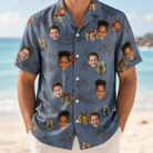 Model wearing Men's Present Party Custom Face Hawaiian Shirt printed with kids' faces