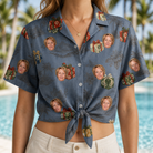 Woman wearing Women's Present Party Custom Face Hawaiian Shirt tied at the waist