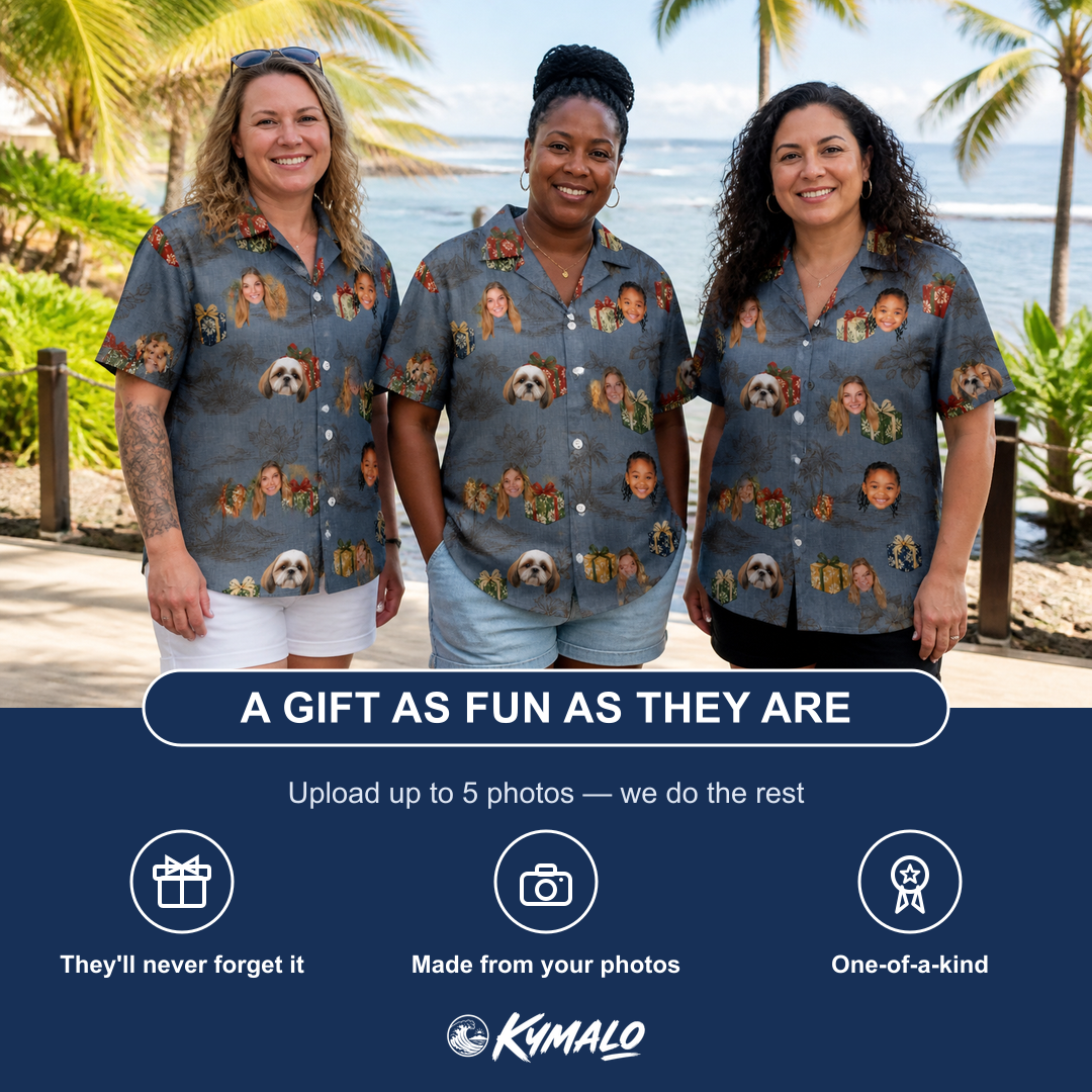Friends in matching Women's Present Party Custom Face Hawaiian Shirt — a group gift photo