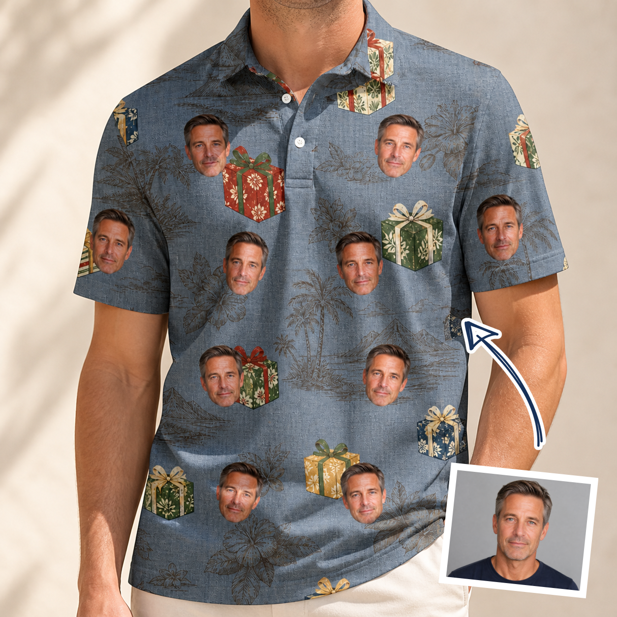 Man wearing Men's Present Party Custom Face Polo Shirt — custom faces printed all-over