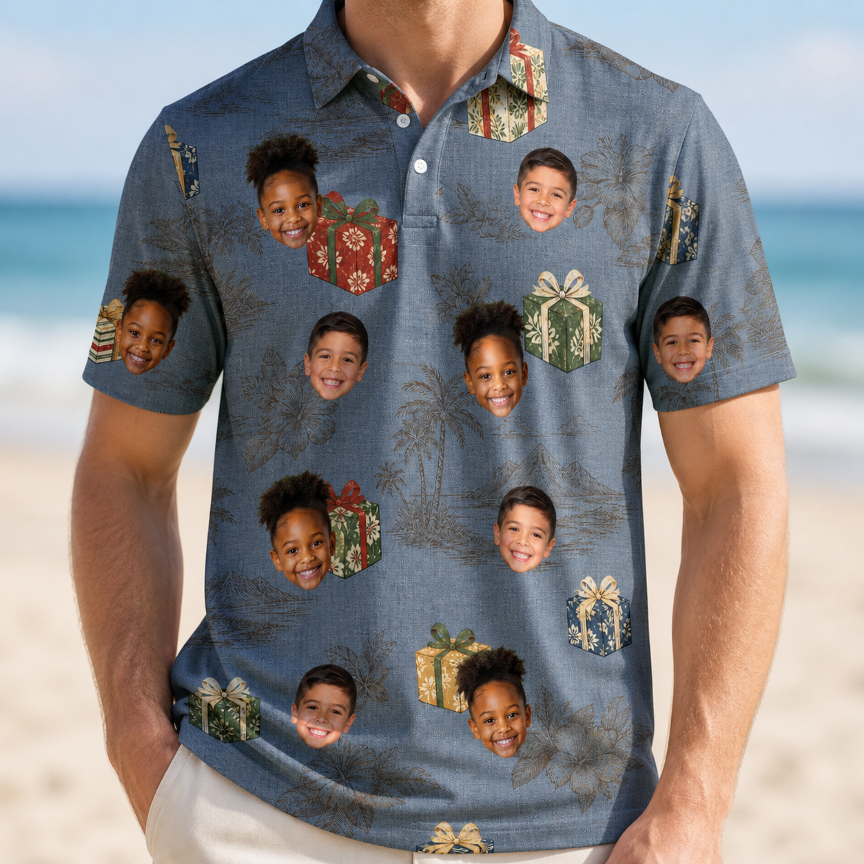 Model wearing Men's Present Party Custom Face Polo Shirt printed with kids' faces