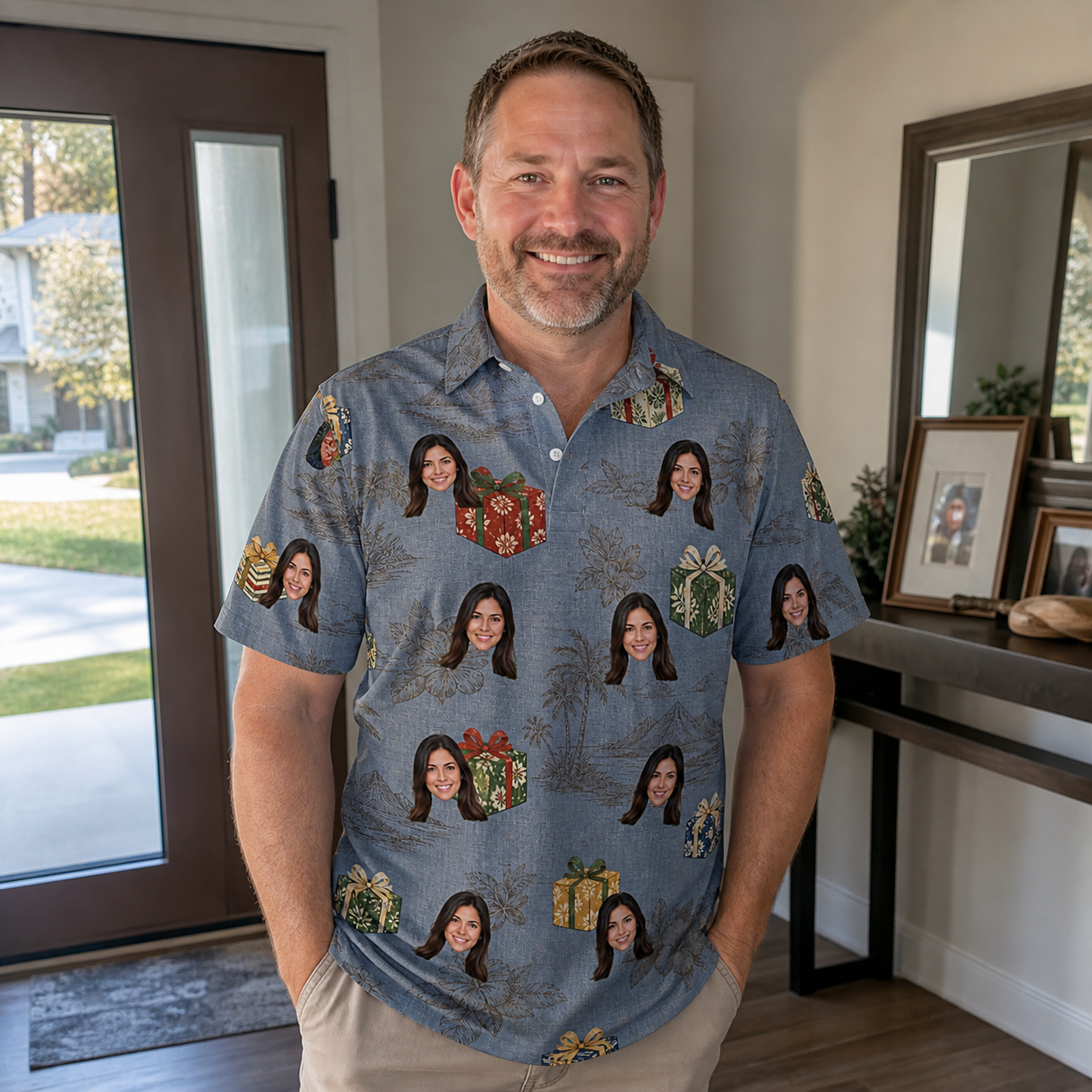 Real-life photo of someone wearing Men's Present Party Custom Face Polo Shirt — custom faces printed all-over