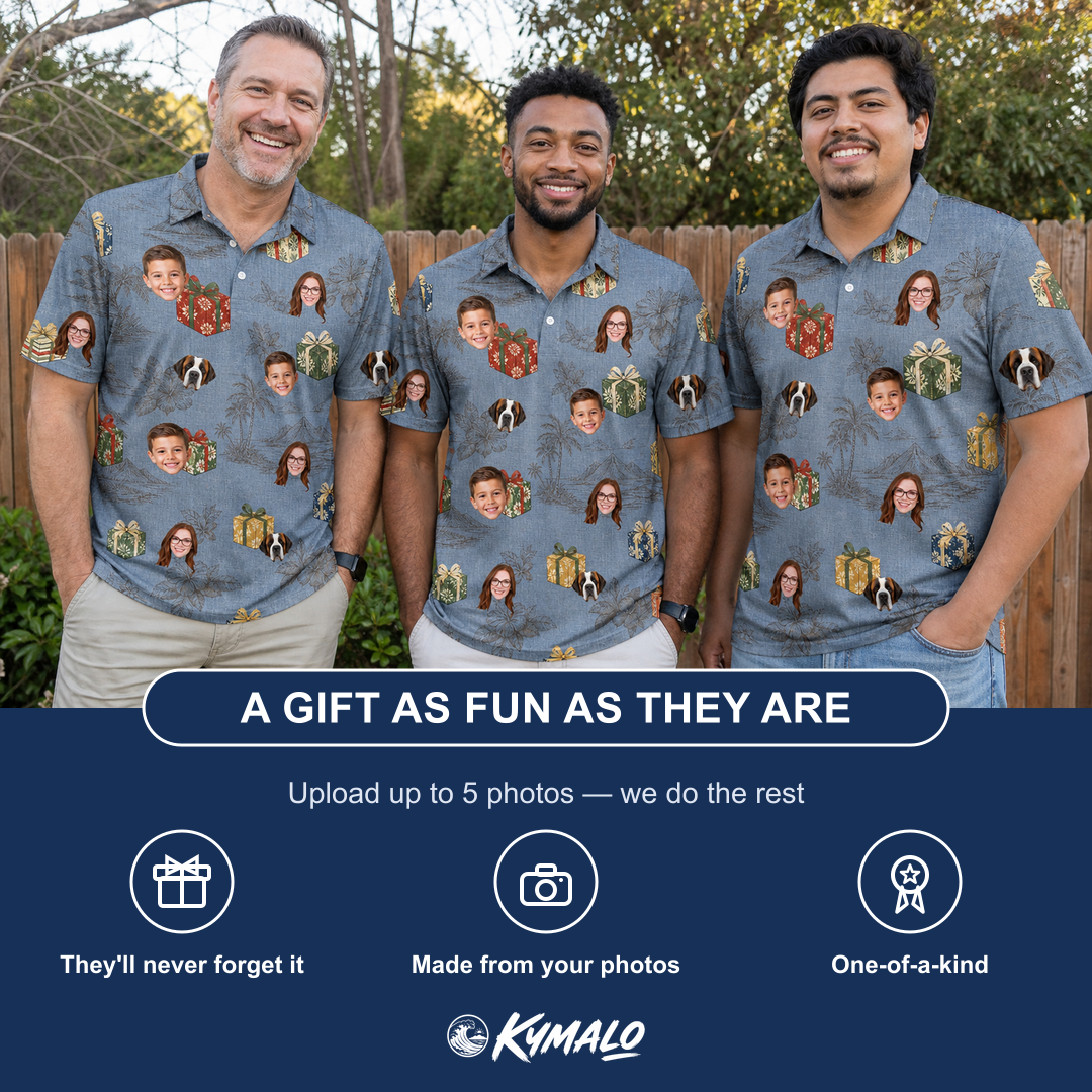 Friends in matching Men's Present Party Custom Face Polo Shirt — a group gift photo