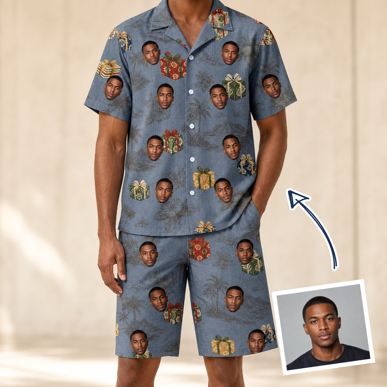 Man wearing Men's Present Party Custom Face Shirt & Shorts Set — custom faces printed all-over