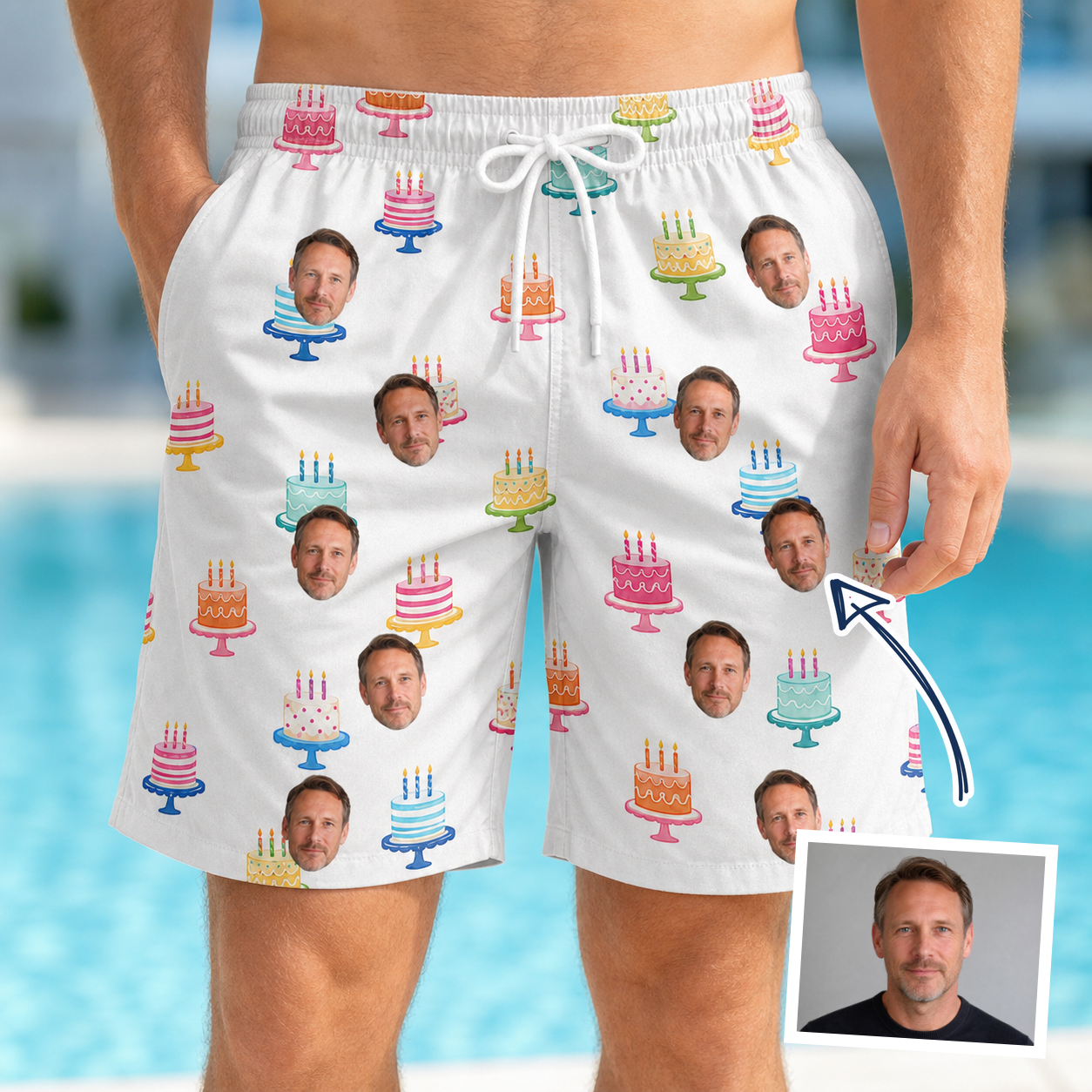 Man wearing Men's Cake Craze Custom Face Beach Shorts — custom faces printed all-over