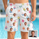 Man wearing Men's Cake Craze Custom Face Beach Shorts — custom faces printed all-over