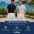Friends in matching Men's Cake Craze Custom Face Beach Shorts — a group gift photo