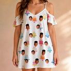 Model wearing Women's Cake Craze Custom Face Off-Shoulder Dress printed with kids' faces