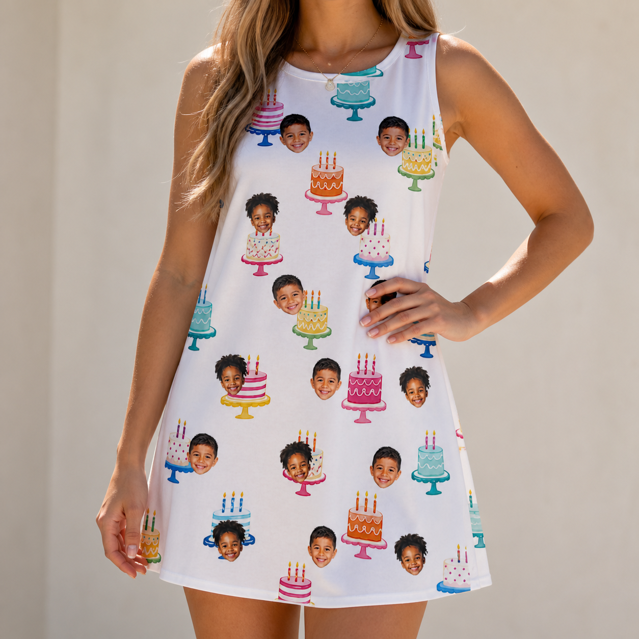 Model wearing Women's Cake Craze Custom Face Tank Dress printed with kids' faces
