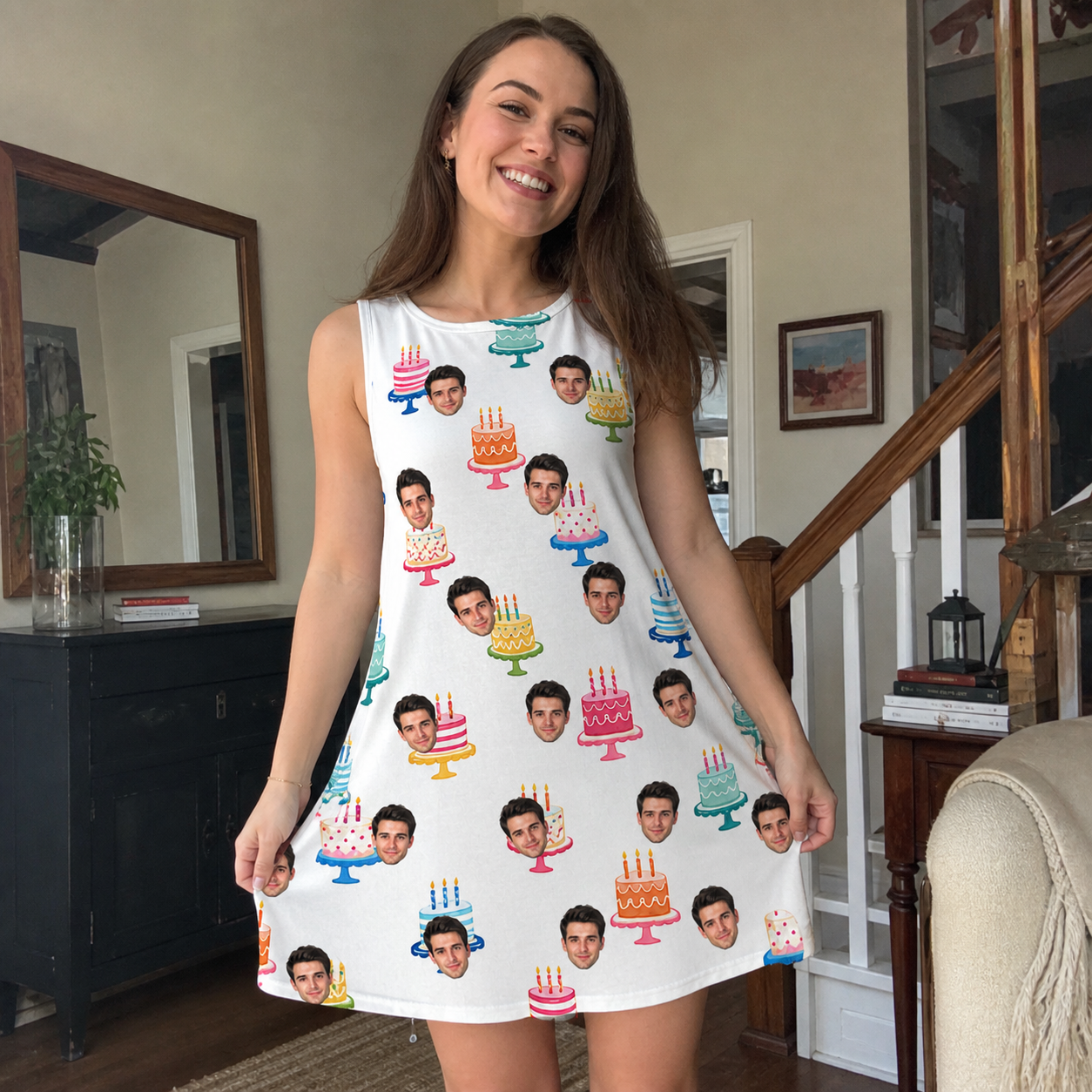 Real-life photo of someone wearing Women's Cake Craze Custom Face Tank Dress — custom faces printed all-over