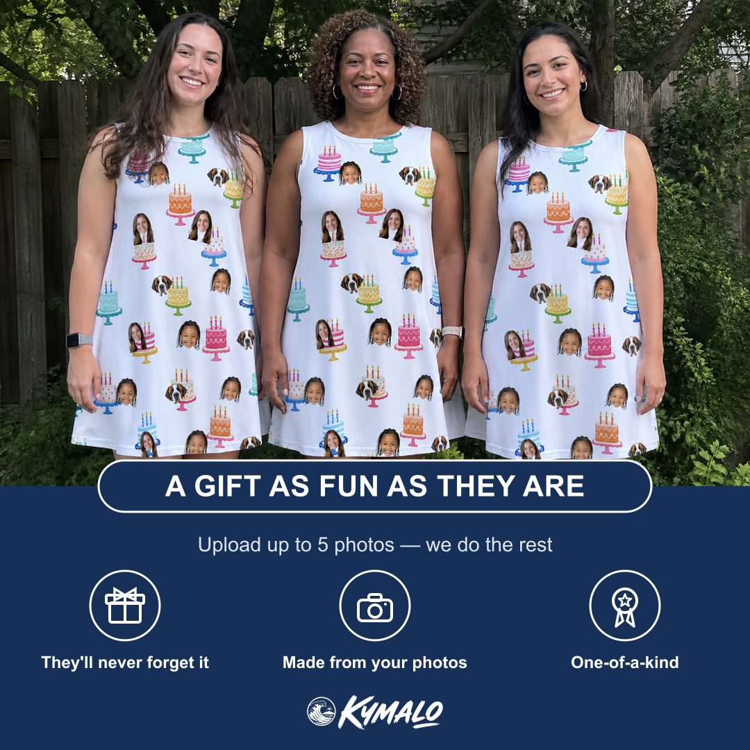 Friends in matching Women's Cake Craze Custom Face Tank Dress — a group gift photo