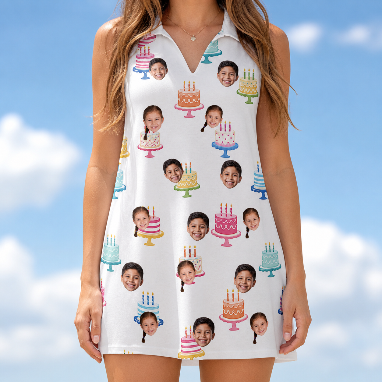 Model wearing Women's Cake Craze Custom Face V-Neck Dress printed with kids' faces