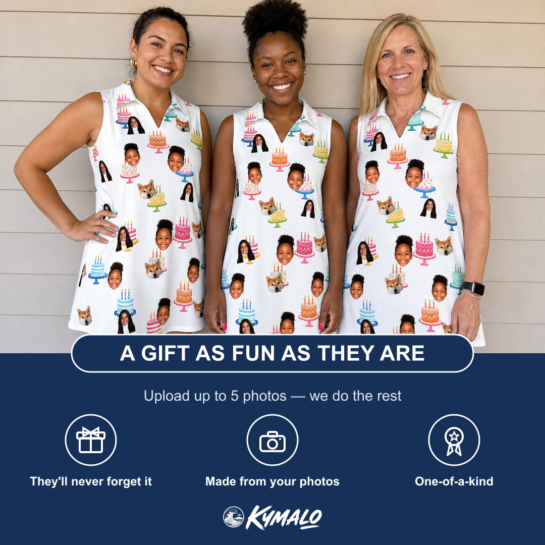 Friends in matching Women's Cake Craze Custom Face V-Neck Dress — a group gift photo