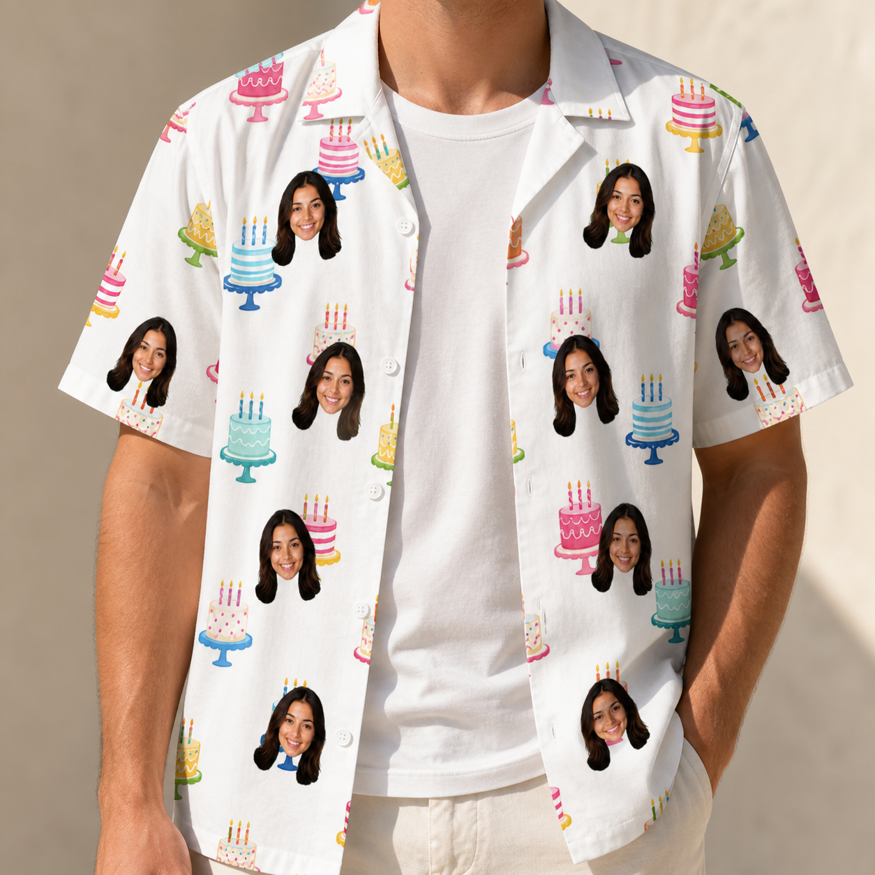 Man wearing Men's Cake Craze Custom Face Hawaiian Shirt open over a white tee