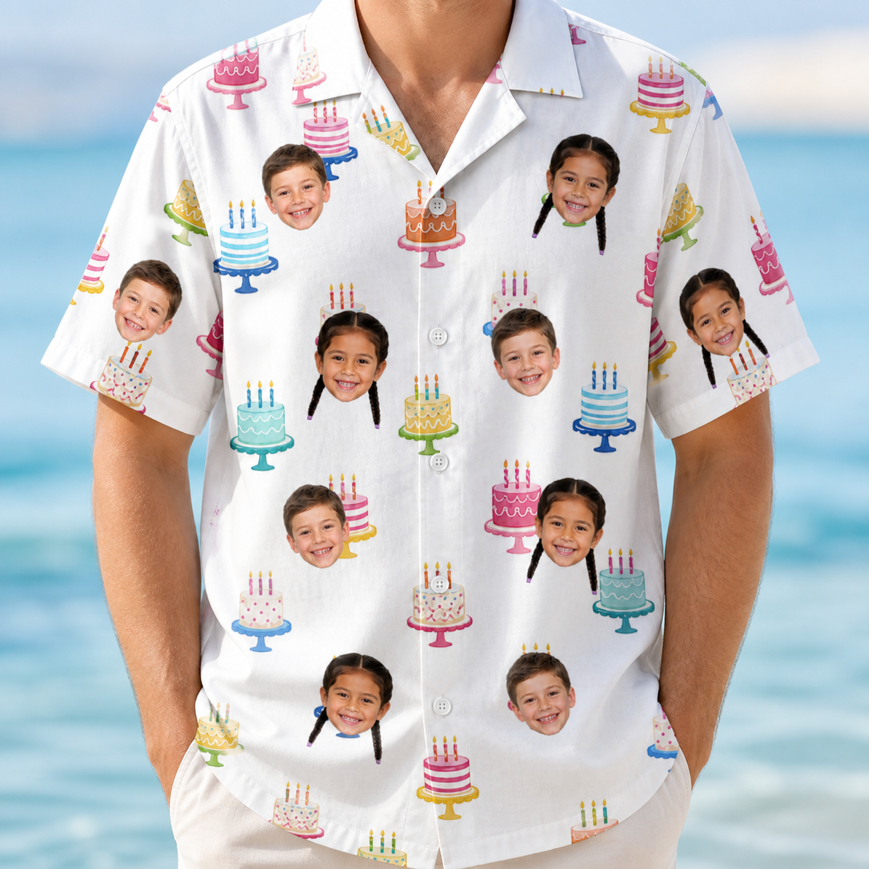 Model wearing Men's Cake Craze Custom Face Hawaiian Shirt printed with kids' faces
