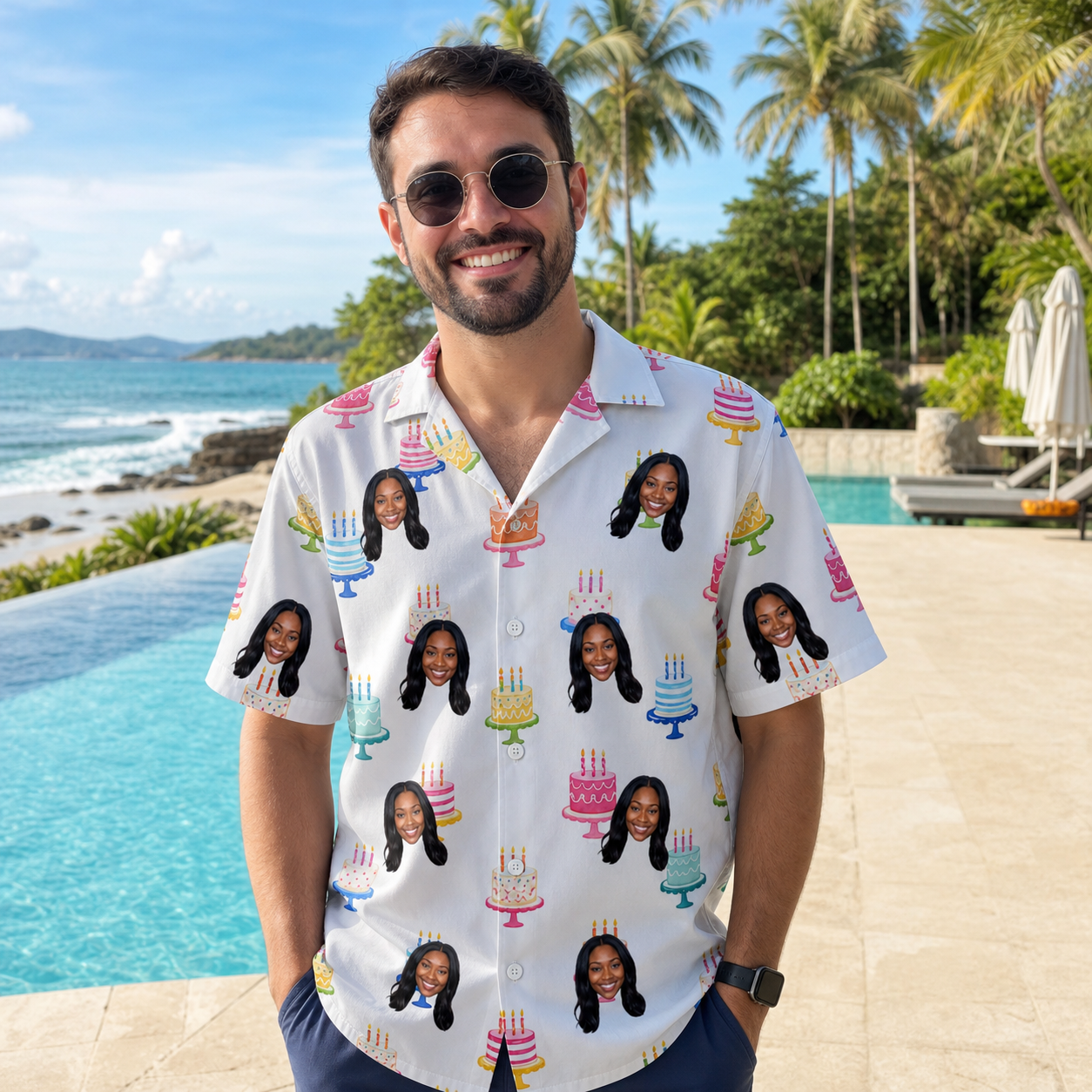 Real-life photo of someone wearing Men's Cake Craze Custom Face Hawaiian Shirt — custom faces printed all-over
