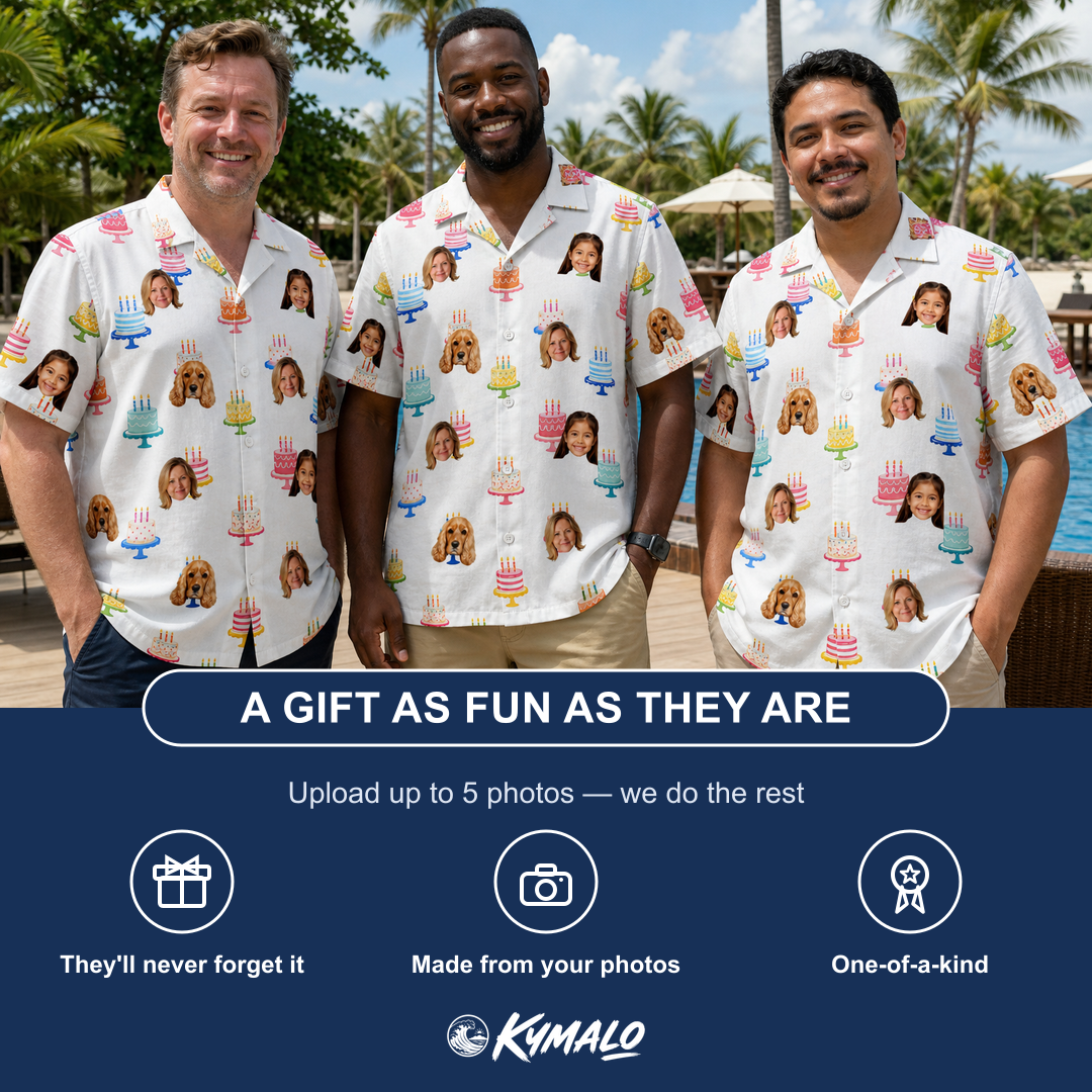 Friends in matching Men's Cake Craze Custom Face Hawaiian Shirt — a group gift photo