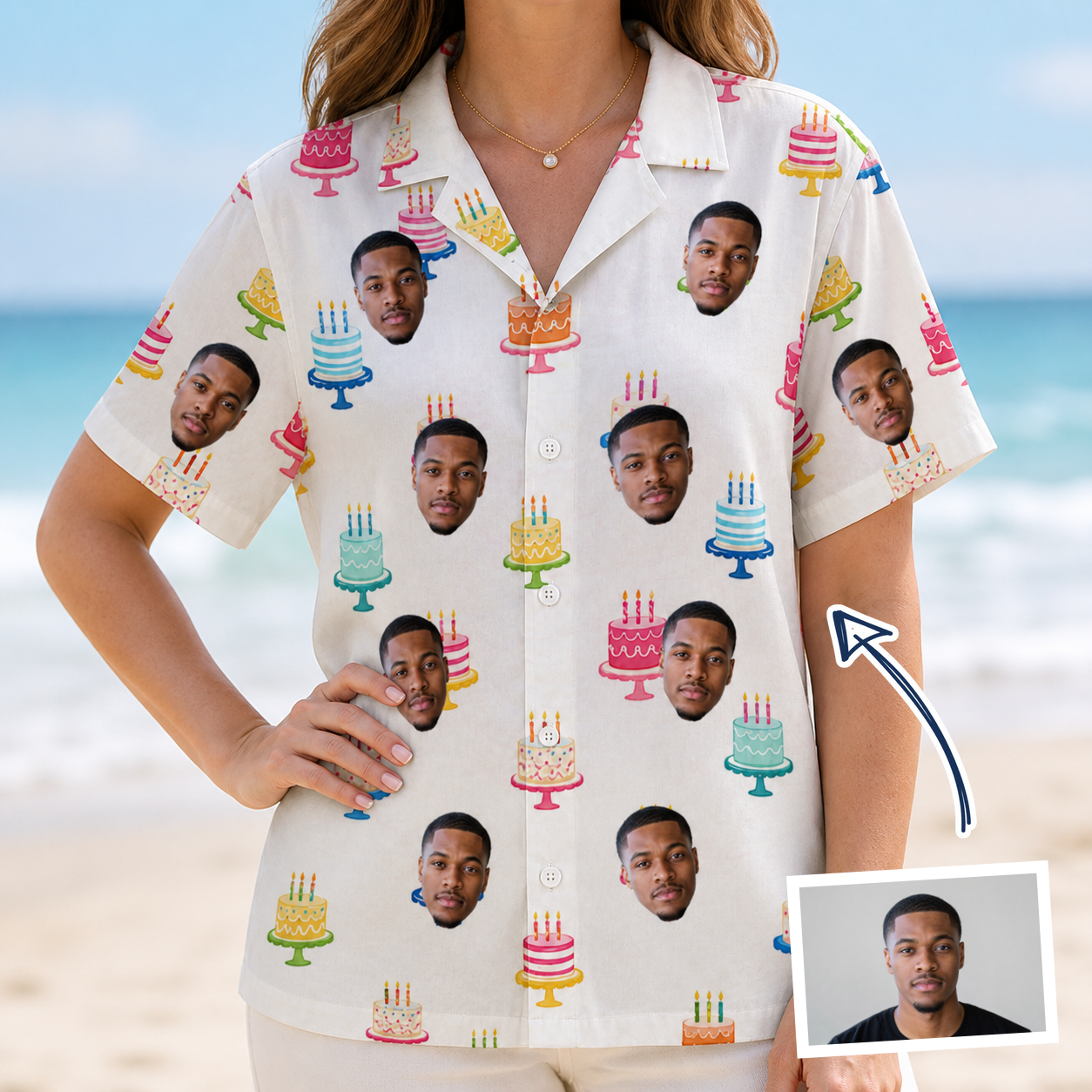 Woman wearing Women's Cake Craze Custom Face Hawaiian Shirt — custom faces printed all-over