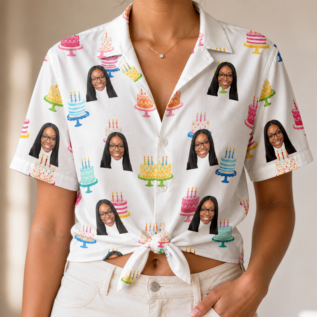 Woman wearing Women's Cake Craze Custom Face Hawaiian Shirt tied at the waist