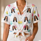 Woman wearing Women's Cake Craze Custom Face Hawaiian Shirt tied at the waist