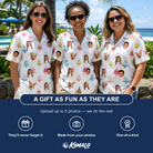 Friends in matching Women's Cake Craze Custom Face Hawaiian Shirt — a group gift photo