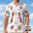 Man wearing Men's Cake Craze Custom Face Polo Shirt — custom faces printed all-over