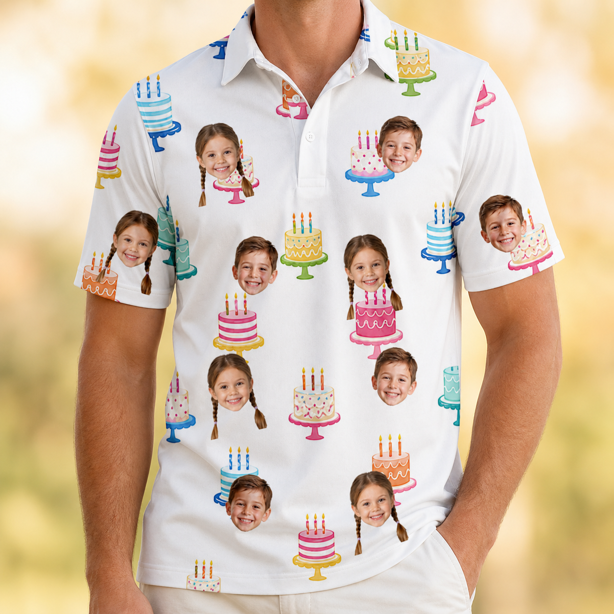 Model wearing Men's Cake Craze Custom Face Polo Shirt printed with kids' faces