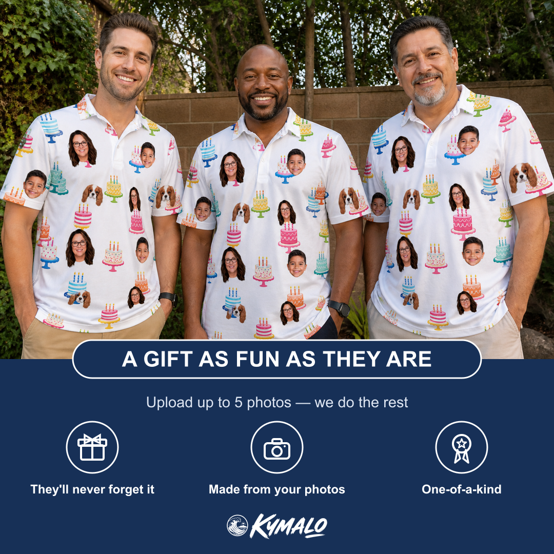 Friends in matching Men's Cake Craze Custom Face Polo Shirt — a group gift photo