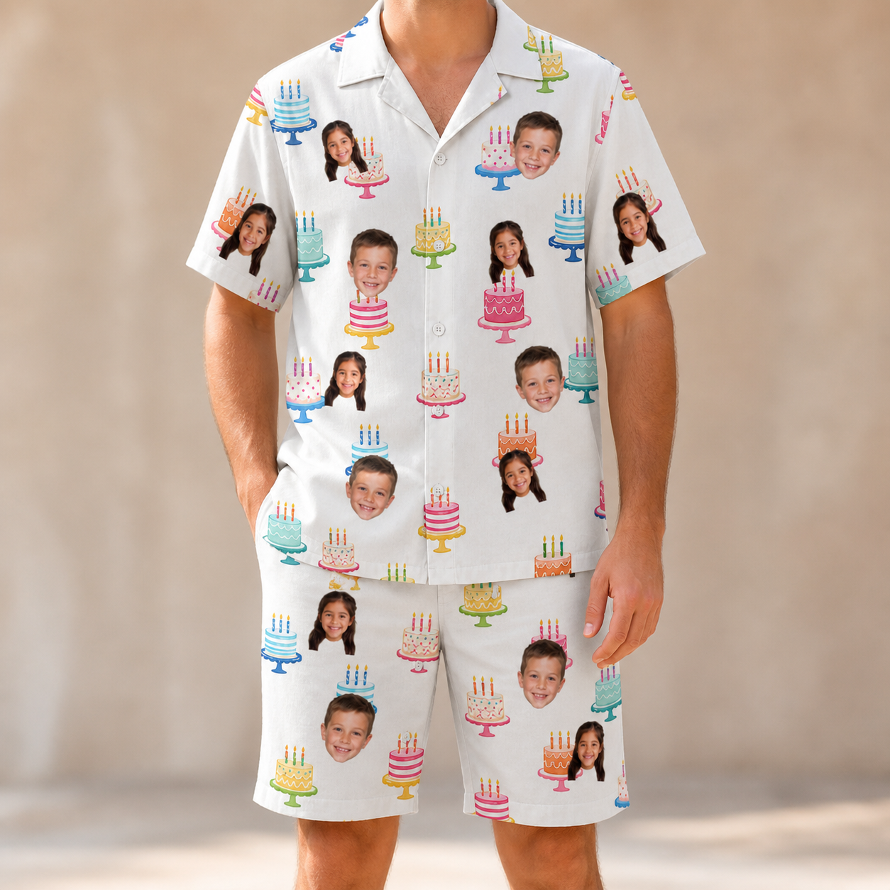 Model wearing Men's Cake Craze Custom Face Shirt & Shorts Set printed with kids' faces