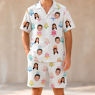 Model wearing Men's Cake Craze Custom Face Shirt & Shorts Set printed with kids' faces