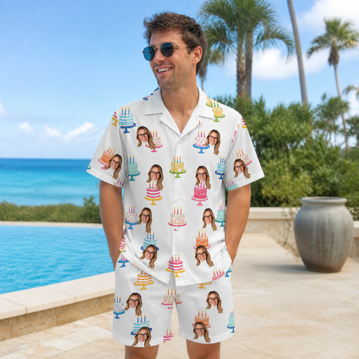 Real-life photo of someone wearing Men's Cake Craze Custom Face Shirt & Shorts Set — custom faces printed all-over