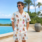 Real-life photo of someone wearing Men's Cake Craze Custom Face Shirt & Shorts Set — custom faces printed all-over