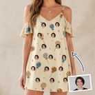 Woman wearing Women's Sugar Spin Custom Face Off-Shoulder Dress — custom faces printed all-over