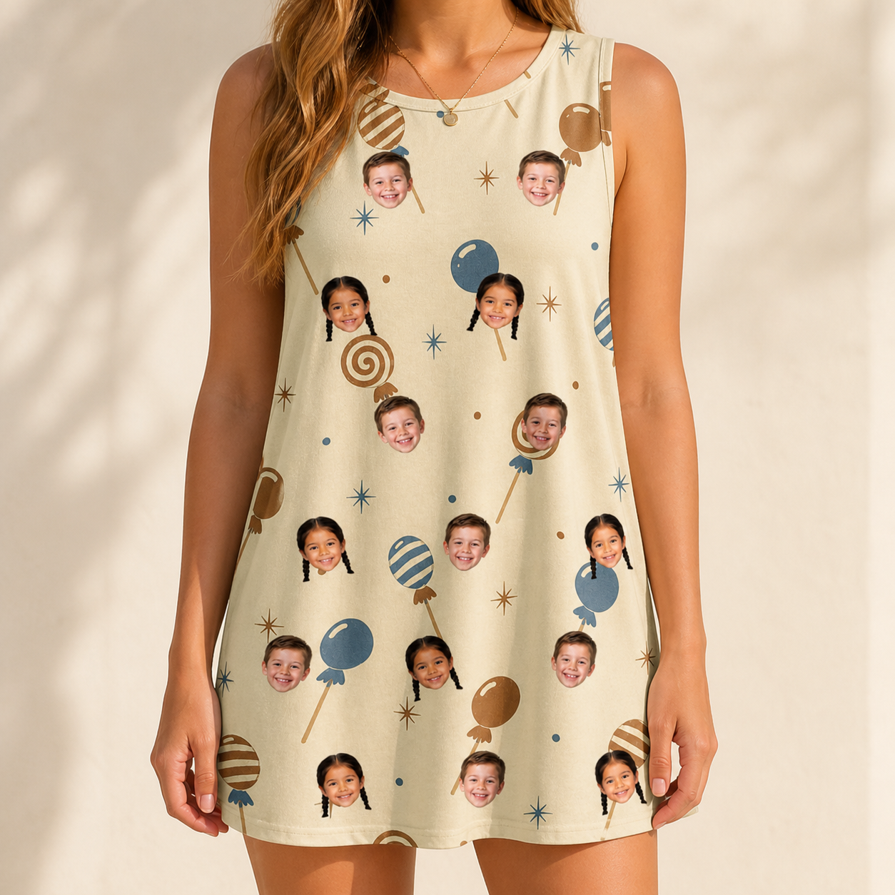 Model wearing Women's Sugar Spin Custom Face Tank Dress printed with kids' faces