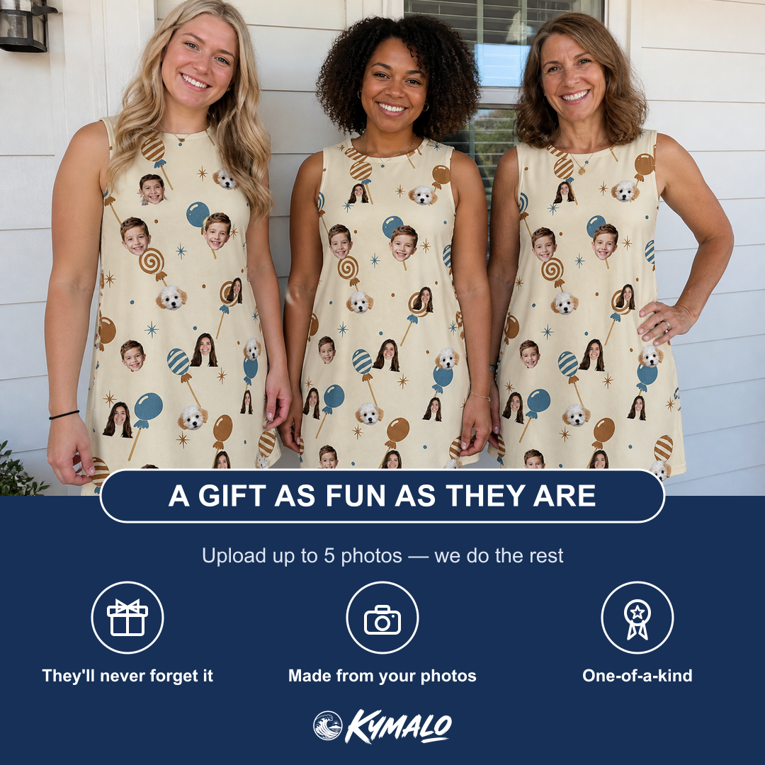 Friends in matching Women's Sugar Spin Custom Face Tank Dress — a group gift photo