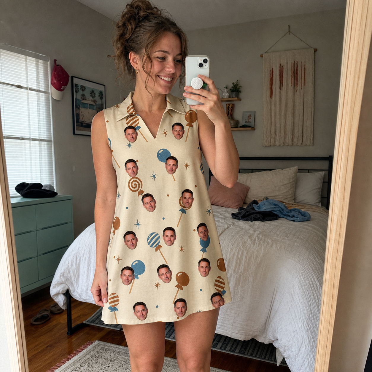 Real-life photo of someone wearing Women's Sugar Spin Custom Face V-Neck Dress — custom faces printed all-over