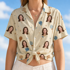 Woman wearing Women's Sugar Spin Custom Face Hawaiian Shirt tied at the waist