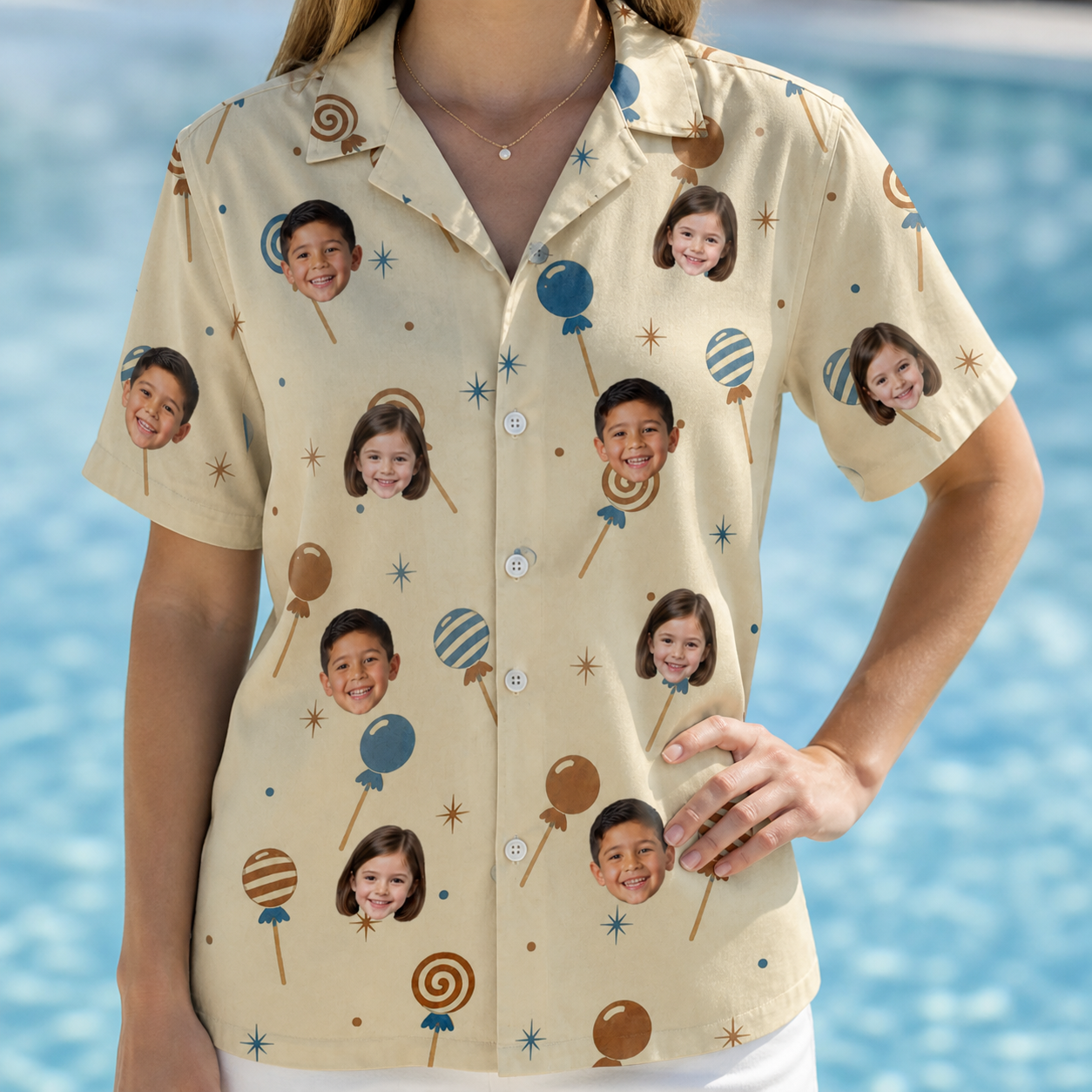 Model wearing Women's Sugar Spin Custom Face Hawaiian Shirt printed with kids' faces